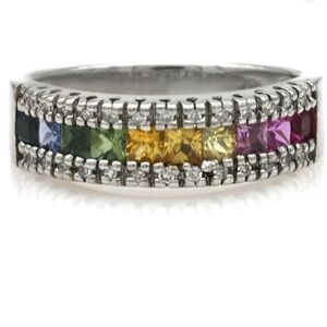 Effy 14k White Gold Multicolor Sapphires and diamonds Ring